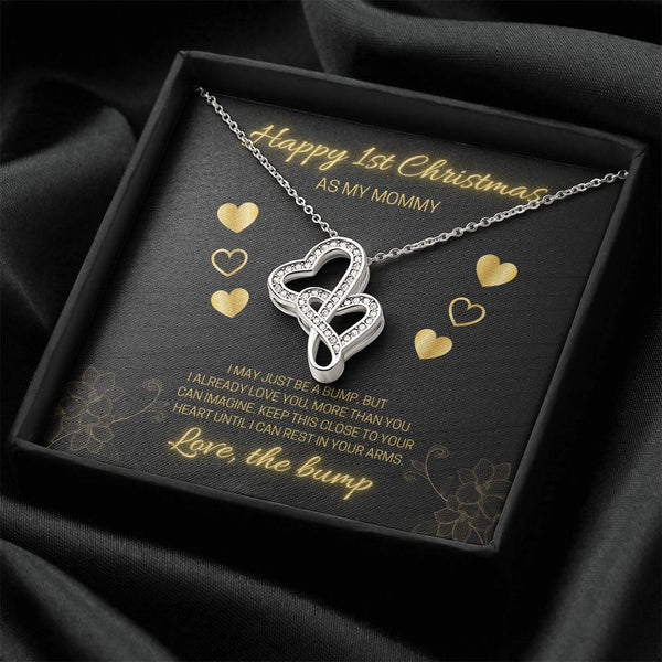 Interlocking Double Hearts Pendant, First Christmas Mommy to Be Necklace, 14K White Gold Over Stainless Steel, Expecting Mom 