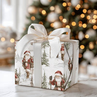 Snowy Forest Christmas Gift Wrap, Vintage Hiking Santa Wrapping Paper, Watercolor Santa Claus Present Paper, Rustic Holiday Present Paper Roll
