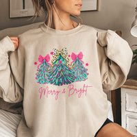 Pink Bow Tree Holiday Crewneck, Merry and Bright Christmas Sweatshirt, Preppy Coquette Xmas Sweater, Adorable Winter Holiday Sweatshirt