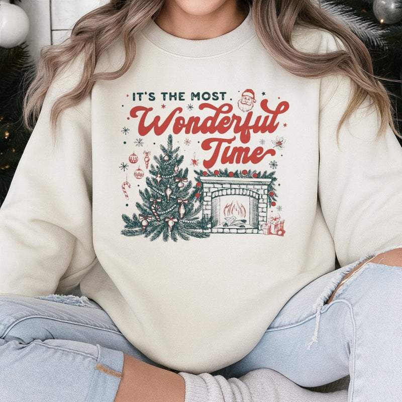 Vintage Tree Holiday Sweatshirt, Most Wonderful Time Christmas Sweatshirt, Comfy Fireplace Graphic Crewneck, Festive Winter Sweatshirt