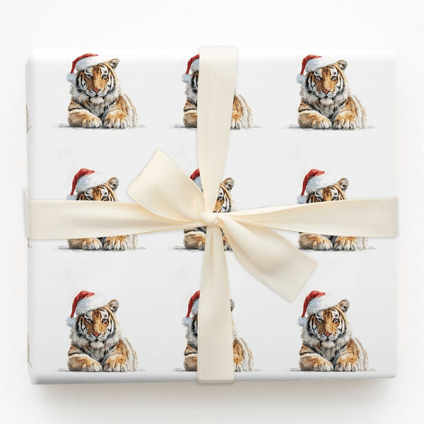 Watercolor Tiger Gift Wrap, Tiger Cub Christmas Wrapping Paper, Santa Hat Animal Wrapping Paper, Adorable Holiday Gift Wrap R