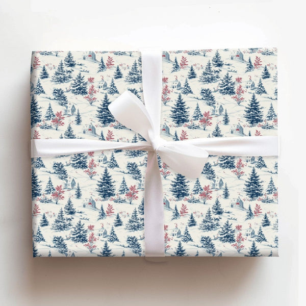 Snowy Village Christmas Gift Wrap, Winter Toile Wrapping Paper, French Country Toile Wrapping Paper, Elegant Blue Cream Holid