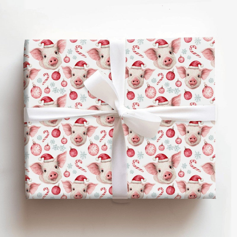 Adorable Piglet Holiday Gift Wrap, Santa Hat Pig Christmas Wrapping Paper, Watercolor Farm Animal Wrapping Paper, Festive Xmas Gift Wrap Roll