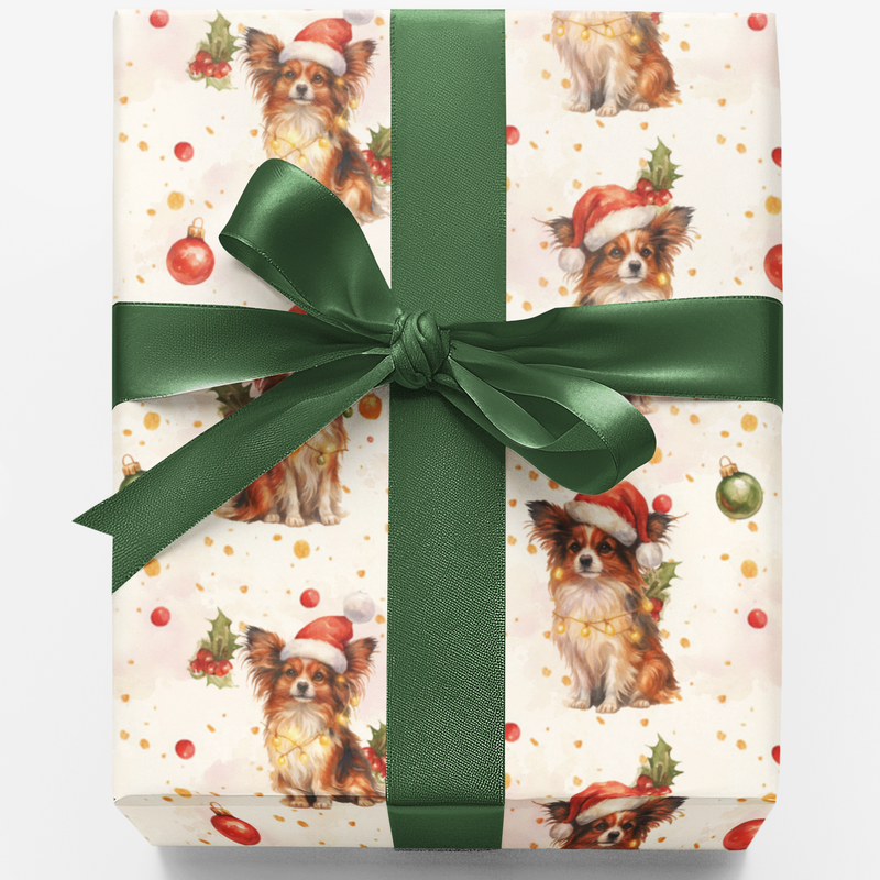 Santa Hat Holiday Gift Wrap, Papillon Dog Christmas Wrapping Paper, Adorable Butterfly Dog Wrapping Paper, Festive Winter Pet Lover Gift Wrap