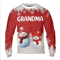 Festive Snowman Snowflake Fleece Pullover, Grandma Ugly Christmas Sweater, Adorable Holiday Mimi Nana Crewneck, Grandma Xmas Present