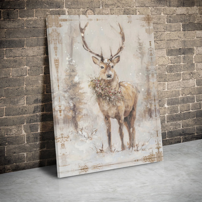 Snowy Winter Forest Deer Portrait, Christmas Stag Canvas Wall Art, Rustic Holiday Lodge Decor Print, Festive Farmhouse Stag Art Canvas