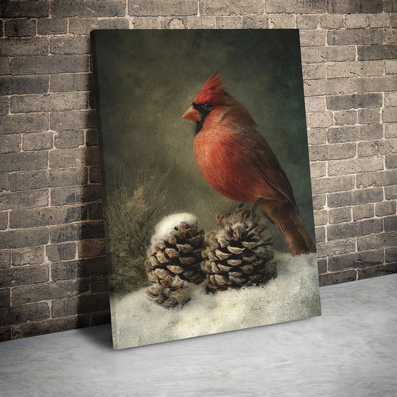 Snowy Pinecone Winter Canvas Print, Red Cardinal Canvas Wall Art, Rustic Bird Nature Art Canvas, Christmas Holiday Wall Decor