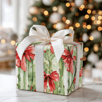 Watercolor Desert Cactus Gift Wrap, Southwestern Christmas Wrapping Paper, Holiday Red Bow Wrapping Paper, Festive Country Present Wrap