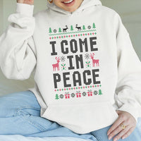 Ugly Christmas Sweater Hoodie, I Come in Peace Hoodie, Humorous Alien Xmas Graphic Sweatshirt, Retro Holiday Season Pullover, Unisex Xmas Present