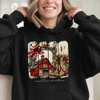 Western Country Barn Graphic Hooded Sweatshirt, Small Town Christmas Hoodie, Rustic Farmhouse Holiday Pullover, Cowgirl Winter Xmas Jumper