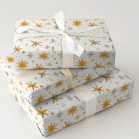 Celestial Snowflake Gift Wrap, Golden Star Christmas Wrapping Paper, Winter Holiday Gift Wrap Roll, Elegant Gold Star Present Paper