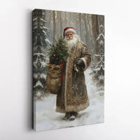 Snowy Forest Christmas Canvas Art, Vintage Santa Claus Canvas Print, Retro Santa Claus Wall Art, Winter Holiday Santa Decor, Christmas Present