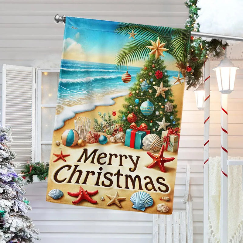 Tropical Merry Christmas Yard Flag, Beach Christmas Garden Flag, Double Sided Coastal Holiday Lawn Flag, Ocean Lover Winter Yard Decor