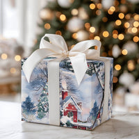 Winter Wonderland Gift Wrap, Snowy Red House Christmas Wrapping Paper, Comfy Cabin Holiday Wrapping Paper, Festive Scenic Gift Wrap Roll