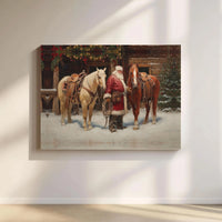 Cowboy Santa Claus with Horses Canvas Print, Western Santa Canvas Wall Art, Rustic Holiday Christmas Canvas Decor, Country Xmas Wall Art