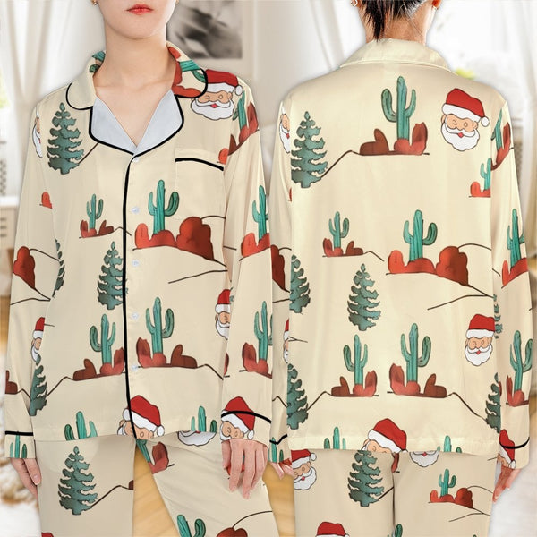 Desert Santa Holiday Pajamas, Cactus Christmas Pajama Set, Western Festive Satin Pajamas, Long Sleeve Xmas Loungewear, Presen