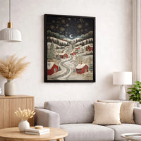 Paper Cut Style Red Houses Landscape Print, Winter Village Snowy Night Canvas Wall Art, Christmas Holiday Decor, Digital Download