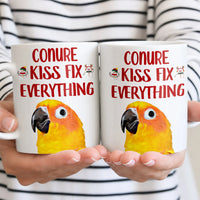 Adorable Christmas Parrot Coffee Cup, Sun Conure Kisses Fix Everything Ceramic Mug, Bird Mom Bird Dad Mug, Tropical Pet Bird Lover Present