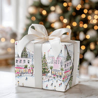 Watercolor Ice Skating Rink Gift Wrap, Christmas Village Wrapping Paper, Winter Wonderland Wrapping Paper Roll, Holiday Present Decor Wrap