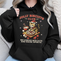 Jolly Biscuits Club Holiday Graphic Hoodie, Christmas Cat Baking Hoodie, Humorous Cat Lover Xmas Pullover, Adorable Kitty Baker Winter Hoodie
