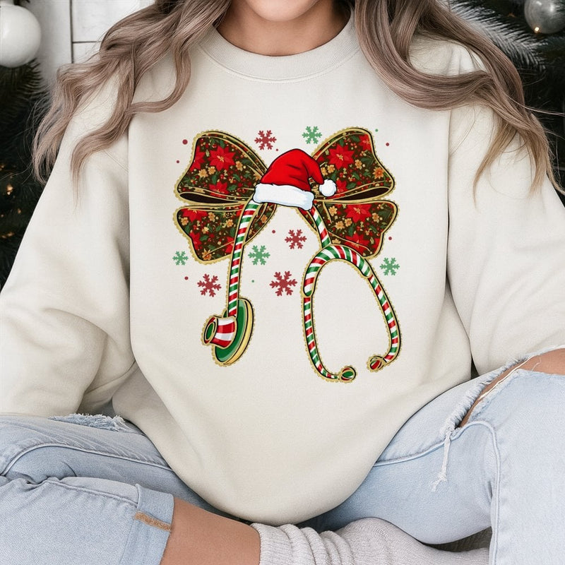 Coquette Bow Stethoscope Crewneck, Christmas Nurse Sweatshirt, Adorable RN Nursing Holiday Sweater, Medical Hospital Staff Xmas Present