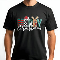 Merry Christmas Graphic Tee, Leopard Plaid Santa Hat Christmas T-Shirt, Festive Buffalo Plaid Shirt, Adorable Holiday Santa Tee, Present for Her