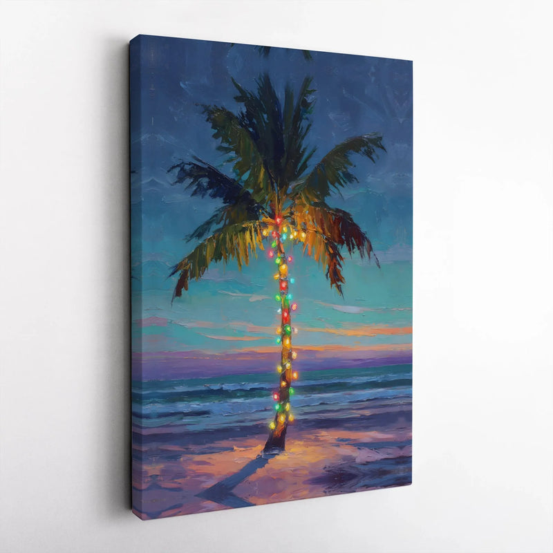 Coastal Beach Sunset Canvas, Tropical Christmas Palm Tree Canvas, Nautical Holiday Canvas Print, Festive Ocean Wall Art, Beach Lover Present