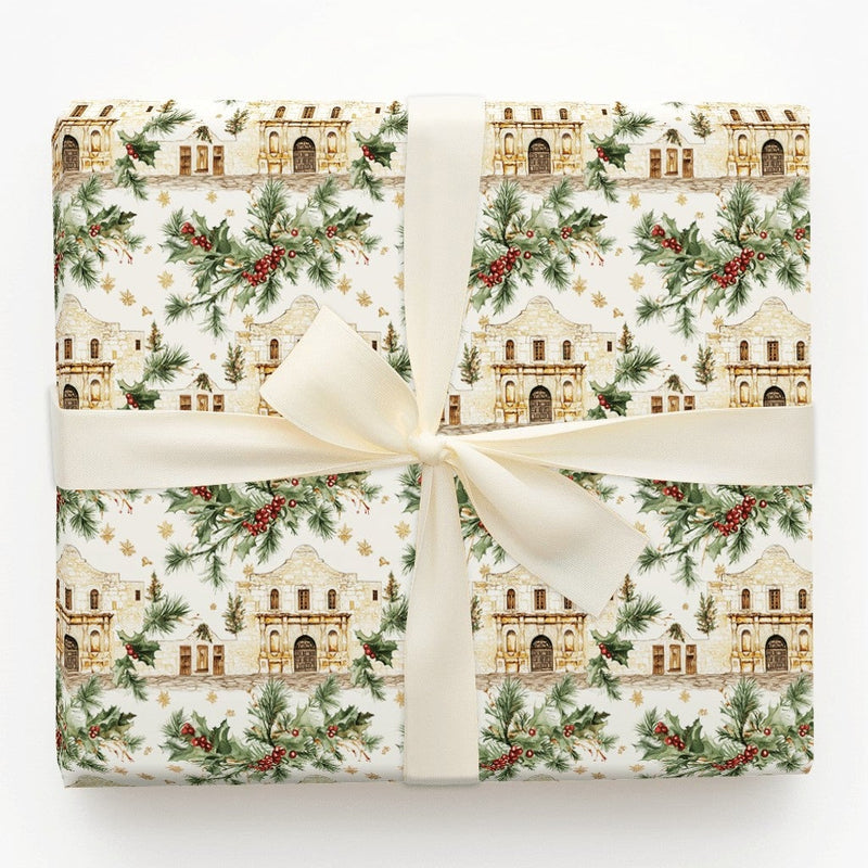 Historic Landmark Gift Wrap, Texas Alamo Christmas Wrapping Paper, Festive Holly Berry Wrapping Paper, Winter Holiday Texas Wrapping Paper