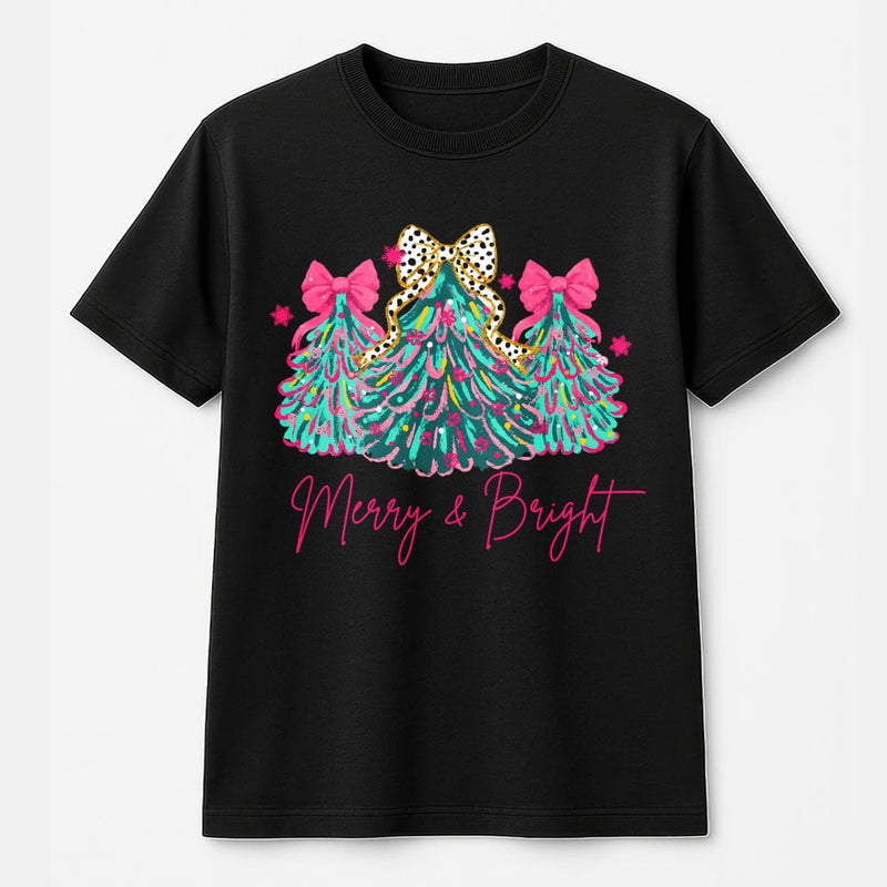 Pink Bow Holiday Tree Graphic Tee, Merry and Bright Christmas T-Shirt, Coquette Christmas Tree Shirt, Adorable Festive Xmas Party T-Shirt