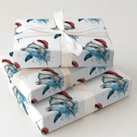 Watercolor Christmas Dolphin Wrapping Paper, Santa Hat Dolphin Wrapping Paper, Coastal Beach Holiday Wrapping Paper, Ocean Animal Gift Wrap