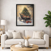 Snowy Tree and Presents Painting, Vintage Christmas Sleigh Canvas Print, Holiday Season Wall Art Poster, Winter Decor, Digital Download