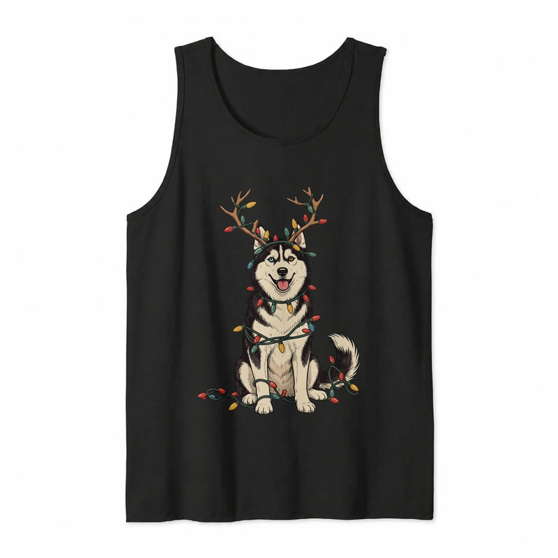 Reindeer Antlers Husky Dog Tank, Husky Christmas Lights Tank Top, Humorous Christmas Dog Sleeveless Tee, Holiday Pet Lover Present, Xmas Tank