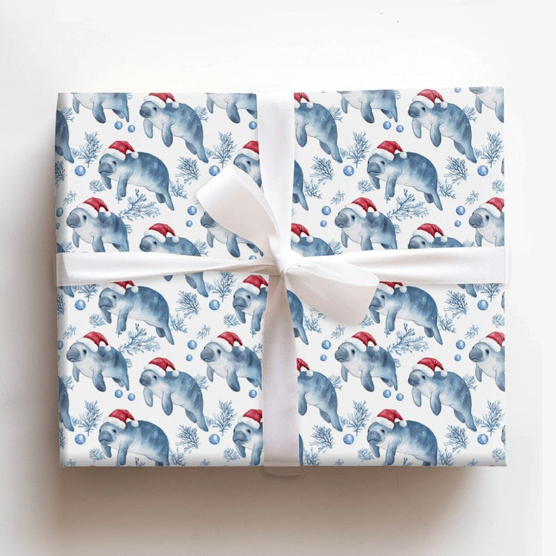 Coastal Nautical Holiday Gift Wrap, Manatee Christmas Wrapping Paper, Santa Hat Sea Cow Wrapping Paper, Marine Life Xmas Gift Wrap Roll