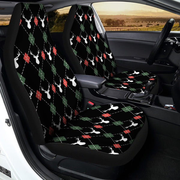 Cabin Plaid Reindeer Auto Seat Cover, Christmas Deer Argyle Car Seat Covers, Polar Fleece Vehicle Seat Covers, Holiday Winter