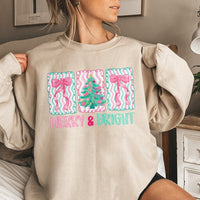 Merry and Bright Holiday Crewneck, Pink Bow Christmas Tree Sweatshirt, Preppy Coquette Xmas Sweater, Adorable Winter Present for Women