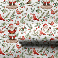 Red Birds Winter Holiday Gift Wrap, Watercolor Santa Claus Wrapping Paper, Holly Branch Christmas Wrapping Paper, Festive Present Wrap Roll