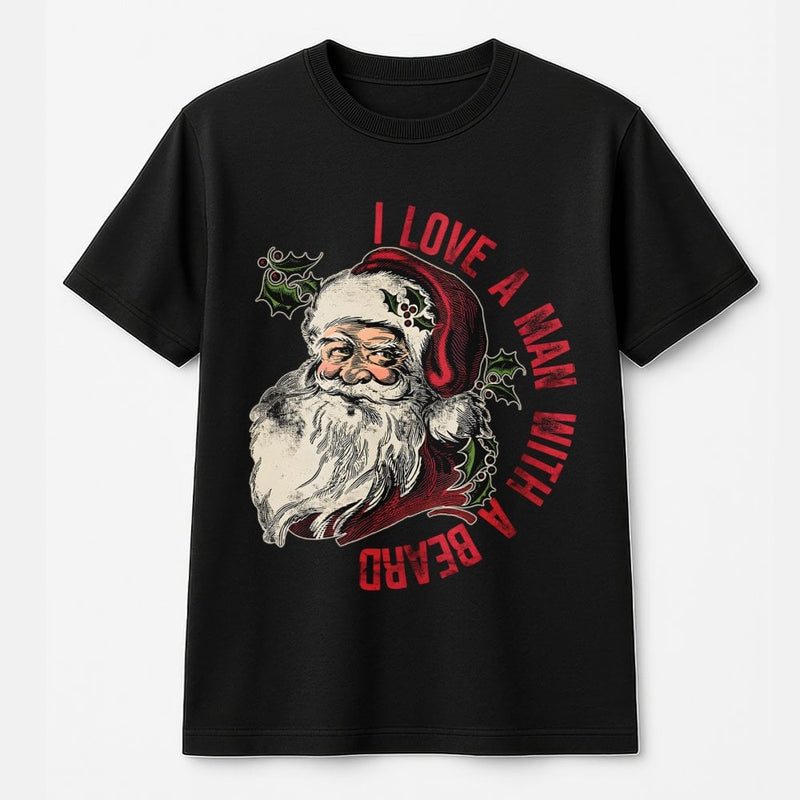Vintage Santa Graphic Tee, I Love a Man with a Beard Christmas Shirt, Humorous Holiday Couple T-Shirt, Retro Xmas Tee, Festive Present for Her