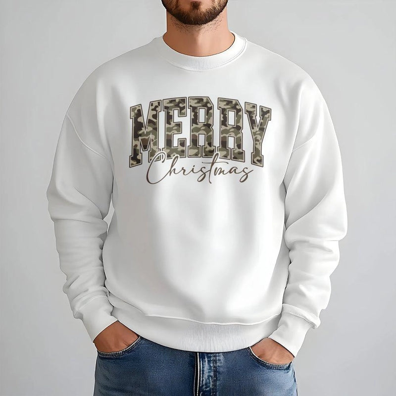 Varsity Lettering Camo Crewneck, Merry Christmas Camo Sweatshirt, Hunting Xmas Camo Sweatshirt, Festive Outdoor Holiday Sweatshirt Present