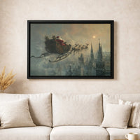 Vintage Winter Cityscape Wall Art, Santa Claus Sleigh Canvas Print, Christmas Sky Canvas Art, Holiday Wall Decor, Festive Santa Canvas