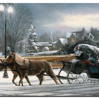 Snow Village Holiday Wall Art, Heavenly Night Winter Sleigh Metal Sign, Vintage Christmas Horse Sleigh Plaque, Rustic Holiday Home Decor
