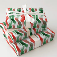 Red and Green Ribbon Gift Wrap, Watercolor Wavy Stripe Wrapping Paper, Modern Christmas Wrapping Paper, Festive Holiday Gift Wrap Roll