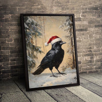 Winter Crow in Santa Hat Poster, Christmas Raven Wall Art Print, Spooky Holiday Bird Painting Decor, Digital Download Christmas Present