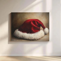 Rustic Vintage Christmas Canvas Print, Santa Hat Oil Painting Wall Art, Holiday Santa Wall Decor, Festive Xmas Season Canvas Poster