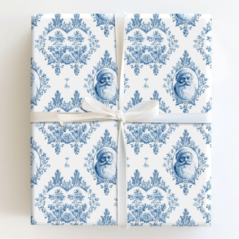 Blue and White Toile Damask Gift Wrap, Vintage Santa Wrapping Paper, Elegant French Country Wrapping Paper, Holiday Christmas Present Wrap