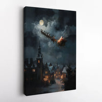 Snowy Christmas Village Canvas Wall Art, Santa Sleigh Canvas Print, Winter Night Holiday Canvas Decor, Festive Xmas Eve Wall Artwork