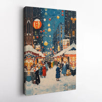 Impressionist Winter Village Canvas Print, Snowy Christmas Market Canvas Wall Art, Comfy Holiday Canvas Decor, Digital Download Art