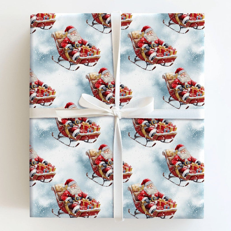 Christmas Sleigh Gift Wrap, Watercolor Santa Sleigh Wrapping Paper, Vintage Santa Claus Wrapping Paper, Festive Winter Holiday Gift Wrap