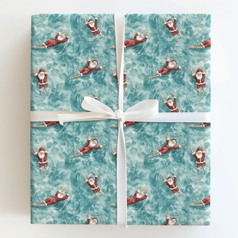 Tropical Christmas Gift Wrap, Swimming Santa Wrapping Paper, Humorous Floating Santa Wrapping Paper, Summer Holiday Vacation Gift Wrap