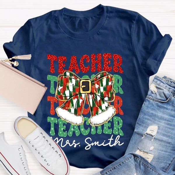 Custom Name Holiday Educator Graphic Tee, Personalized Teacher Christmas Bow Shirt, Adorable Winter Classroom T-Shirt, Teache