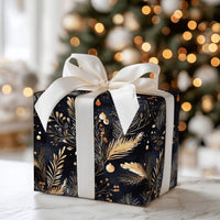 Elegant Winter Foliage Gift Wrap Paper, Navy and Gold Botanical Christmas Wrapping Paper, Luxury Holiday Present Wrapping Paper